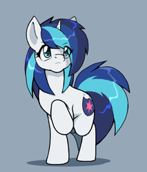 Size: 1026x1204 | Tagged: safe, artist:droll3, shining armor, pony, unicorn, g4, female, gleaming shield, gray background, mare, raised hoof, rule 63, simple background, solo