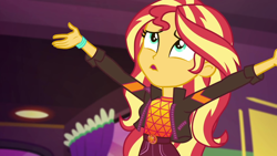 Size: 1920x1080 | Tagged: safe, screencap, sunset shimmer, equestria girls, equestria girls series, g4, sunset's backstage pass!, spoiler:eqg series (season 2), arms in the air, clothes, female, frustrated, geode of empathy, jacket, looking up, magical geodes, solo