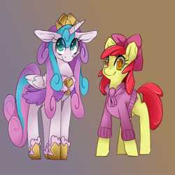 Size: 1000x1000 | Tagged: safe, artist:starlightspark, apple bloom, princess flurry heart, alicorn, earth pony, pony, crisis equestria, g4, clothes, colored pupils, crown, dress, female, gradient background, jewelry, mare, older, older flurry heart, regalia, smiling, sweater