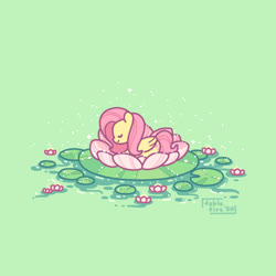Size: 500x500 | Tagged: safe, artist:fablefire, fluttershy, pegasus, pony, g4, cute, eyes closed, female, green background, lilypad, mare, profile, prone, shyabetes, simple background, solo