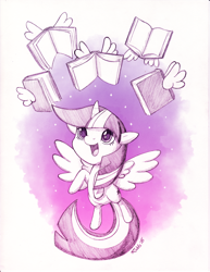 Size: 800x1035 | Tagged: safe, artist:fablefire, twilight sparkle, alicorn, pony, g4, abstract background, cute, female, flying, flying books, mare, monochrome, open mouth, solo, spread wings, twiabetes, twilight sparkle (alicorn), wings