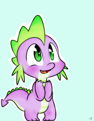 Size: 700x900 | Tagged: safe, artist:cottonyfluffpuff, spike, dragon, g4, 30 minute art challenge, blue background, blushing, cute, male, open mouth, simple background, solo, spikabetes