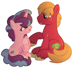 Size: 716x664 | Tagged: safe, artist:thatonefluffs, big macintosh, sugar belle, earth pony, pony, unicorn, g4, base used, beard, concerned, facial hair, female, freckles, male, mare, redraw, remake, ship:sugarmac, shipping, simple background, stallion, straight, transparent background, unshorn fetlocks