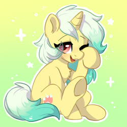Size: 1800x1800 | Tagged: safe, artist:oofycolorful, oc, oc only, oc:mistylite, pony, unicorn, blushing, chest fluff, commission, cute, eye clipping through hair, female, mare, one eye closed, open mouth, rubbing eyes, sitting, solo, waking up