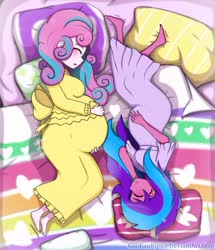 Size: 900x1045 | Tagged: safe, artist:gardianripu, princess flurry heart, oc, oc:melody aurora, equestria girls, g4, adult, bed, belly, big belly, blushing, bonding, cousins, cute, duo, eyes closed, female, flurrybetes, from above, hand on belly, happy, lying, lying on bed, multiple pregnancy, ocbetes, offspring, older, older flurry heart, parent:flash sentry, parent:twilight sparkle, parents:flashlight, pillow, pregnant, signature, smiling