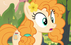 Size: 1148x720 | Tagged: safe, screencap, pear butter, earth pony, pony, g4, the perfect pear, female, flower, flower in hair, mare, pear tree, solo, tree