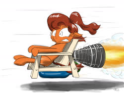 Size: 1280x960 | Tagged: safe, artist:rocket-lawnchair, oc, oc only, oc:maven, earth pony, pony, chair, didn't think this through, don't try this at home, female, inside joke, invention, lawn chair, pun, rocket chair, rocket engine, rocketdyne rs-25, shrunken pupils, solo, speed lines, this will end in death, this will end in pain, this will end in pain and/or death, this will not end well, visual pun