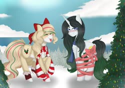 Size: 1063x752 | Tagged: safe, artist:chaoticchimeraart, oc, oc only, oc:hollie, oc:vex vixen, earth pony, pony, unicorn, blushing, christmas, christmas tree, clothes, holiday, ribbon, scarf, snow, socks, tree