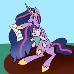Size: 1000x1000 | Tagged: safe, artist:krissgopher, twilight sparkle, oc, alicorn, pony, unicorn, g4, the last problem, baby, baby carrier, baby pony, female, jewelry, magical lesbian spawn, mother and child, mother and daughter, offspring, older, older twilight, older twilight sparkle (alicorn), parent:rarity, parent:twilight sparkle, parents:rarilight, princess twilight 2.0, regalia, tongue out, twilight sparkle (alicorn)