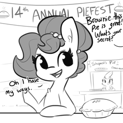 Size: 1500x1500 | Tagged: safe, artist:tjpones, part of a set, oc, oc only, oc:brownie bun, oc:gerdie, earth pony, griffon, pony, comic, dialogue, female, food, grayscale, jewelry, mare, monochrome, necklace, offscreen character, pearl necklace, pie, simple background, white background