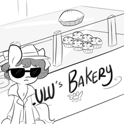 Size: 1500x1500 | Tagged: safe, artist:tjpones, part of a set, oc, oc only, oc:brownie bun, earth pony, pony, clothes, comic, female, food, grayscale, hat, mare, monochrome, pie, simple background, solo, sunglasses, trenchcoat, white background