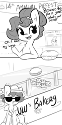 Size: 1500x3000 | Tagged: safe, artist:tjpones edits, edit, oc, oc only, oc:brownie bun, oc:gerdie, earth pony, griffon, pony, clothes, comic, dialogue, female, food, grayscale, hat, implied theft, jewelry, mare, monochrome, necklace, offscreen character, pearl necklace, pie, simple background, sunglasses, trenchcoat, white background