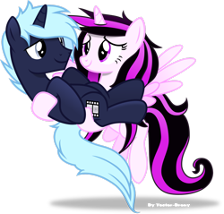 Size: 2503x2395 | Tagged: safe, artist:vector-brony, oc, oc only, oc:emogak, oc:night flash, oc:oblivion fall, alicorn, pony, unicorn, female, high res, holding a pony, male, mare, simple background, stallion, transparent background