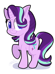 Size: 599x806 | Tagged: safe, artist:awoomarblesoda, starlight glimmer, pony, unicorn, g4, :t, chibi, female, hair over one eye, looking at you, mare, raised hoof, simple background, smiling, solo, white background
