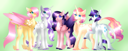 Size: 5995x2400 | Tagged: safe, artist:nobleclay, fluttershy, rarity, oc, oc:alto, oc:meadow lark (clay-bae), oc:sweets, pegasus, pony, unicorn, g4, alternate design, alternate hairstyle, feathered fetlocks, female, high res, lesbian, magical lesbian spawn, mare, offspring, parent:fluttershy, parent:rarity, parents:flarity, ship:flarity, shipping, two toned wings, unshorn fetlocks, wings