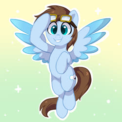 Size: 1800x1800 | Tagged: safe, artist:oofycolorful, oc, oc only, oc:cloud hop, pegasus, pony, abstract background, colored wings, colored wingtips, flying, goggles, looking at you, multicolored wings, simple background, smiling, solo, spread wings, wings