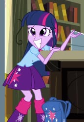 Size: 522x758 | Tagged: safe, screencap, twilight sparkle, human, equestria girls, g4, my little pony equestria girls, backpack, clothes, cropped, cute, female, leg warmers, pleated skirt, skirt, smiling, twilight sparkle (alicorn)