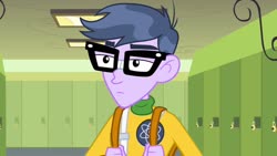 Size: 1539x866 | Tagged: safe, screencap, microchips, equestria girls, g4, my little pony equestria girls, clothes, glasses, hallway, lockers, male