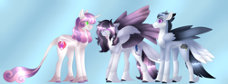 Size: 6688x2500 | Tagged: safe, artist:nobleclay, rumble, sweetie belle, oc, oc:silver lining (clay-bae), pegasus, pony, g4, absurd resolution, alternate design, feathered fetlocks, female, male, mare, offspring, parent:rumble, parent:sweetie belle, parents:rumbelle, ship:rumbelle, shipping, straight, tail feathers, unshorn fetlocks