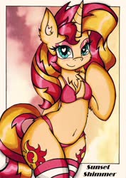 Size: 1452x2048 | Tagged: safe, artist:canvymamamoo, sunset shimmer, pony, unicorn, semi-anthro, g4, adorasexy, arm hooves, belly button, bikini, bipedal, clothes, cute, female, heart eyes, mare, sexy, socks, solo, striped socks, swimsuit, wingding eyes