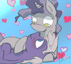 Size: 677x608 | Tagged: safe, artist:davierocket, silver script, star bright, pegasus, pony, unicorn, g4, blushing, cuddling, gay, heart, lidded eyes, looking at each other, love, lying down, male, no pupils, on back, shipping, simple background, smiling, stallion, starscript