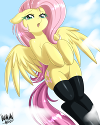 Size: 3600x4500 | Tagged: safe, artist:danmakuman, fluttershy, pegasus, pony, semi-anthro, g4, absurd resolution, adorasexy, arm hooves, clothes, cloud, colored eyelashes, cute, female, floppy ears, flying, hooves to the chest, human shoulders, latex, legs together, looking at you, mare, open mouth, sexy, shyabetes, solo, spread wings, stockings, thigh highs, wings