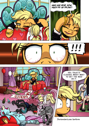 Size: 1204x1700 | Tagged: safe, artist:tarkron, applejack, fluttershy, oc, oc:feather fun, changedling, changeling, earth pony, goat, hippogriff, pegasus, pony, comic:what happens in las pegasus, g4, apple, apple gag, arrow, balloon, bloodshot eyes, butt, clothes, comic, drunk, drunk aj, drunkershy, eyes closed, flutterbutt, food, gag, hangover, just married, lying down, noodle incident, on back, open mouth, pinpoint eyes, pizza, plot, speech bubble, unconscious, vomit