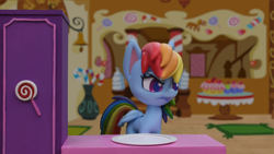 Size: 1920x1080 | Tagged: safe, screencap, rainbow dash, pegasus, pony, cake off, g4.5, my little pony: stop motion short, cake, candy, dish, female, food, mare, solo, stop motion, sweets