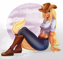 Size: 3493x3258 | Tagged: safe, artist:kilbi-art, applejack, earth pony, anthro, plantigrade anthro, g4, belly button, belt, belt buckle, boots, clothes, cowboy boots, cowboy hat, cowgirl, female, front knot midriff, hat, high res, jeans, looking at you, mare, midriff, pants, shoes, sitting, smiling, stetson, teeth