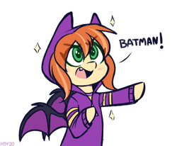 Size: 716x590 | Tagged: safe, artist:higglytownhero, bat pony, pony, barbara gordon, bat ponified, bipedal, blushing, clothes, crossover, cute, dc superhero girls, fangs, female, hoodie, mare, open mouth, ponified, race swap, raised hoof, shirt, simple background, solo, t-shirt, white background