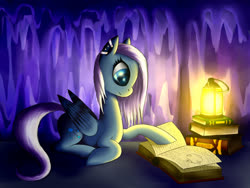 Size: 1600x1200 | Tagged: safe, artist:asimos, oc, oc only, pony, book, cave, lantern, reading, solo
