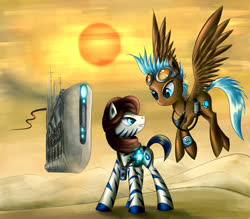 Size: 1600x1400 | Tagged: safe, artist:asimos, oc, oc only, pegasus, pony, zebra, clothes, desert, duo, goggles, ship, sun