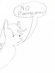 Size: 3024x4032 | Tagged: safe, artist:undeadponysoldier, applejack, earth pony, pony, g4, angry, female, freckles, funny, mare, meme, no pomegranates, reference, solo, speech bubble, stylistic suck, traditional art