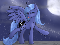 Size: 1600x1200 | Tagged: safe, artist:kalashnikitty, princess luna, alicorn, pony, g4, :p, cloud, cute, dancing, eyes closed, feathered wings, female, looking back, lunabetes, mare, moon, night, night sky, night sky background, s1 luna, sky, solo, someone boop this pony, spread wings, stars, tongue out, wings