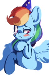 Size: 1227x1960 | Tagged: safe, artist:tohupo, rainbow dash, pony, g4, birthday, cute, female, happy birthday, hat, mare, party hat, rainbow dash day, rainbow dash's birthday, simple background, solo, teary eyes, white background