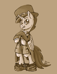 Size: 1024x1325 | Tagged: safe, artist:xenstroke, oc, oc only, oc:harmony star, alicorn, pony, bipedal, brown background, cane, clothes, hat, monochrome, simple background, solo, steampunk, suit, top hat