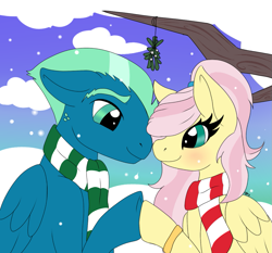 Size: 1039x969 | Tagged: safe, artist:mercyamour, fluttershy, sky stinger, pegasus, pony, g4, blushing, christmas, clothes, couple, eyebrows, female, fluttersky, folded wings, holding hooves, holiday, husband and wife, in love, looking at each other, male, mare, mistletoe, ring, scarf, shipping, snow, snowfall, stallion, tree branch, wedding ring, wings