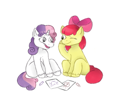Size: 1089x951 | Tagged: safe, artist:anonymous, apple bloom, sweetie belle, earth pony, pony, unicorn, g4, 4chan, drawthread, duo, female, filly, simple background, sitting, white background