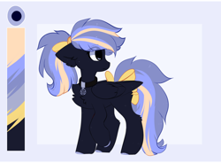 Size: 1956x1440 | Tagged: safe, artist:php146, oc, oc only, oc:midnight skyline, pegasus, pony, bow, chest fluff, collar, color palette, ear fluff, eye clipping through hair, female, hair bow, mare, ponytail, reference sheet, simple background, solo, tail bow, white background