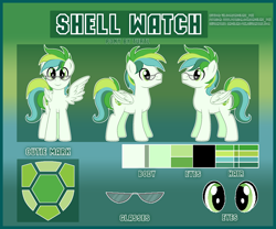Size: 1920x1600 | Tagged: safe, oc, oc only, oc:shell watch, pegasus, pony, cutie mark, glasses, green background, green eyes, reference sheet, simple background, solo