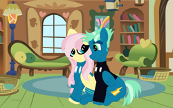 Size: 3285x2057 | Tagged: safe, artist:melimoo2000, fluttershy, sky stinger, pegasus, pony, g4, clothes, cutie mark, fluttershy's cottage, fluttersky, high res, hoodie, looking at each other, shipping, sitting together, socks, wings