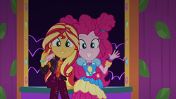Size: 1920x1080 | Tagged: safe, screencap, pinkie pie, sunset shimmer, equestria girls, equestria girls series, g4, sunset's backstage pass!, spoiler:eqg series (season 2), clothes, dress, female, geode of empathy, geode of sugar bombs, looking at you, magical geodes, smiling, smiling at you, waving, waving at you
