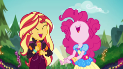 Size: 1920x1080 | Tagged: safe, screencap, pinkie pie, sunset shimmer, equestria girls, equestria girls series, g4, sunset's backstage pass!, spoiler:eqg series (season 2), cloud, female, geode of empathy, geode of sugar bombs, magical geodes, mawshot, nose in the air, open mouth, smiling, uvula
