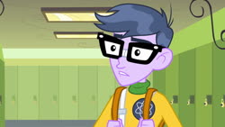 Size: 1539x866 | Tagged: safe, screencap, micro chips, equestria girls, g4, my little pony equestria girls, glasses, hallway, lockers, male, shocked
