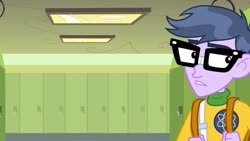 Size: 1539x866 | Tagged: safe, screencap, micro chips, equestria girls, g4, my little pony equestria girls, clothes, glasses, lockers, male