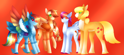 Size: 5491x2432 | Tagged: safe, artist:nobleclay, applejack, rainbow dash, oc, oc:valkyrie, oc:zap apple, earth pony, pegasus, pony, g4, alternate design, colored wings, feathered fetlocks, female, lesbian, magical lesbian spawn, mare, multicolored wings, offspring, parent:applejack, parent:rainbow dash, parents:appledash, rainbow wings, ship:appledash, shipping, tail feathers, wings