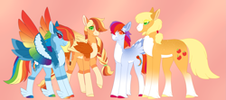 Size: 5491x2432 | Tagged: safe, alternate version, artist:nobleclay, applejack, rainbow dash, oc, oc:valkyrie, oc:zap apple, earth pony, pegasus, pony, g4, alternate design, colored wings, feathered fetlocks, female, lesbian, magical lesbian spawn, mare, multicolored wings, offspring, parent:applejack, parent:rainbow dash, parents:appledash, rainbow wings, ship:appledash, shipping, tail feathers, wings
