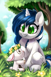 Size: 1200x1800 | Tagged: safe, artist:oofycolorful, oc, oc only, oc:muffinkarton, goat, pony, unicorn, chest fluff, commission, female, floral head wreath, flower, grass, mare, plushie, scenery, sitting, smiling, tree