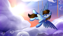 Size: 3840x2160 | Tagged: source needed, useless source url, safe, artist:sugar morning, oc, oc only, oc:pegasusgamer, pegasus, pony, cloud, day, flying, full body, high res, moon, night, rainbow, rainbow waterfall, sky, solo, stars, sun, sunset, wings