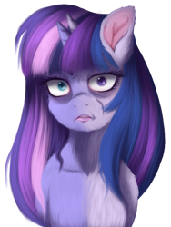 Size: 643x855 | Tagged: safe, artist:unoriginai, oc, oc only, oc:twilight zone, bicorn, chimera, bust, fur, heterochromia, horn, looking at you, offspring, parent:sci-twi, parent:twilight sparkle, parents:sci-twitwi, product of incest, semi-realistic, simple background, solo, transparent background
